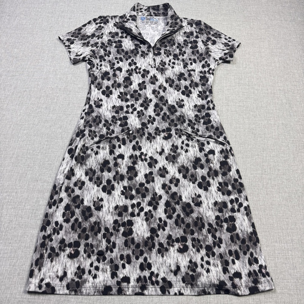 IBKUL T-Shirt Dress Womens XS Gray Knee Length Collared Zip Pockets Animal Print